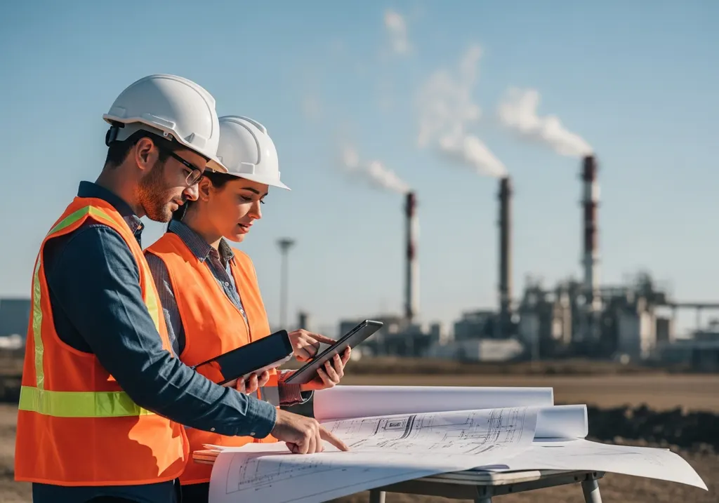 Illustration of environmental professionals reviewing facility documents
